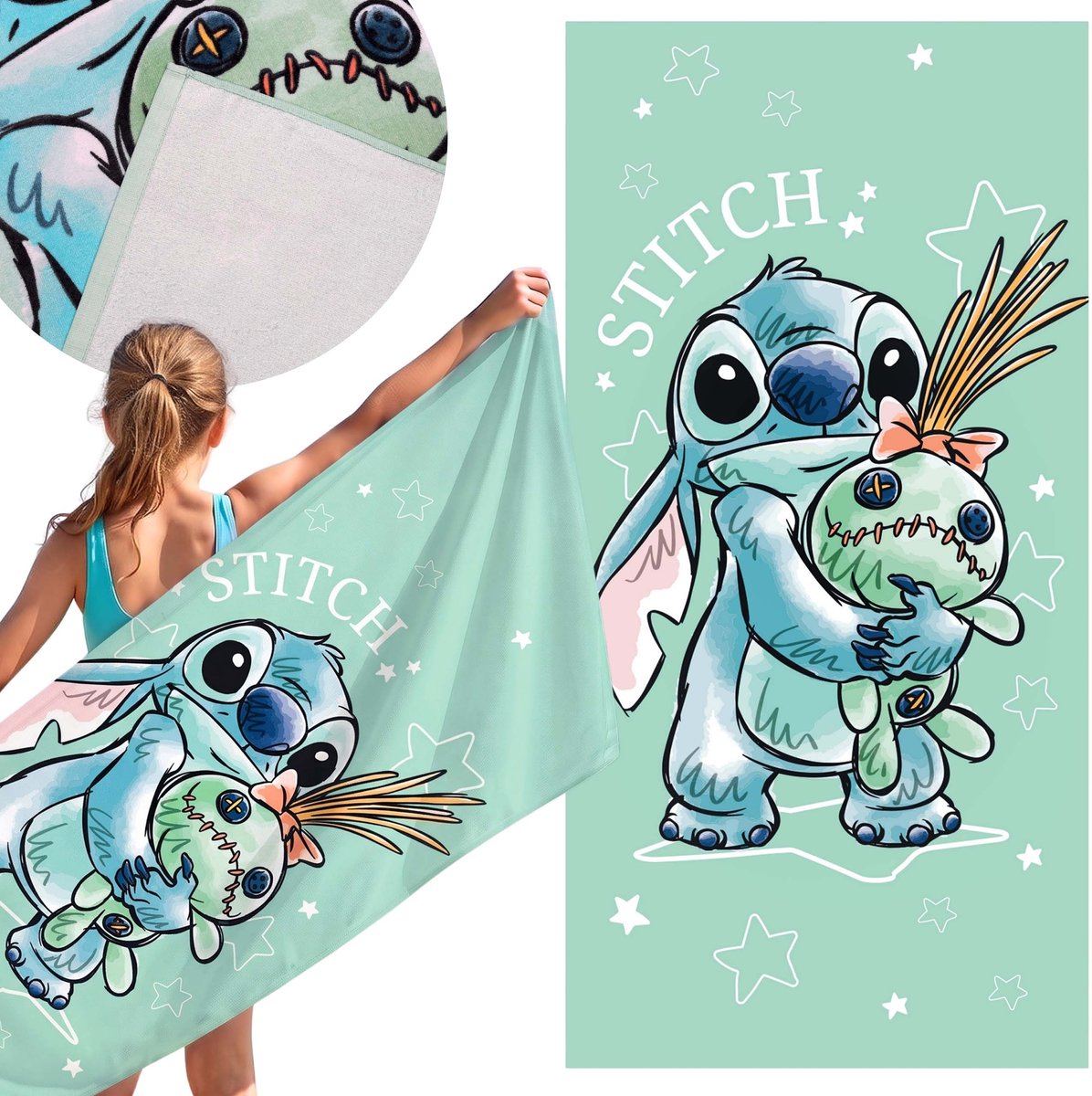 DISNEY Stitch Seladon, SNELDROGEND Strandlaken, badlaken VOOR MEISJES, 100% KATOEN 70x140 cm OEKO-TEX