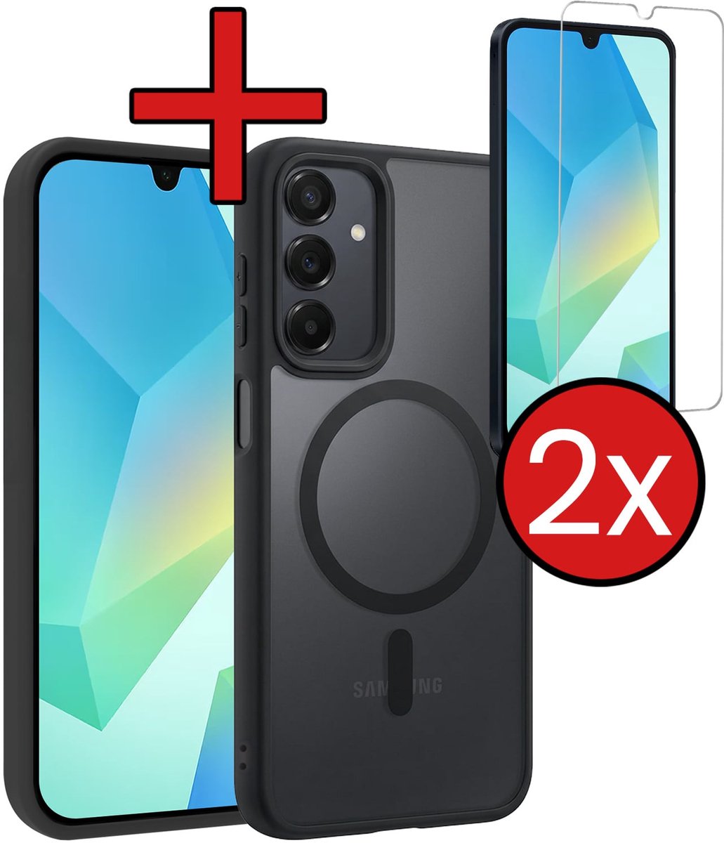 Hoesje - Met 2x Screenprotector - Geschikt voor Samsung Galaxy A16 - Magsafe Compatible - Sterk & Shockproof - Shock Proof Case - Back Cover - Telefoon Hoes - Telefoonhoes - Zwart