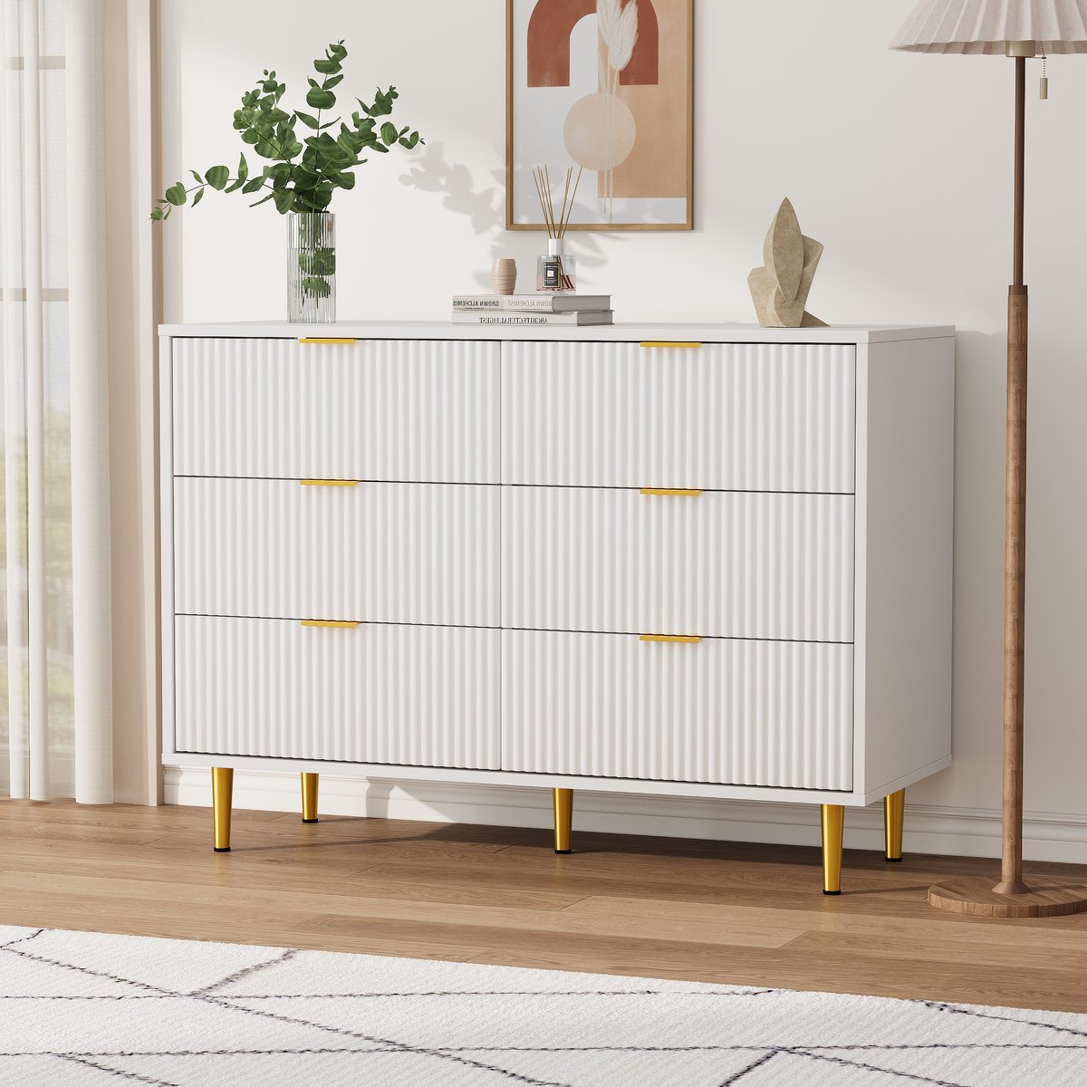 ladenkast met 6 laden, 100×40×75 cm – geribbeld golvend front, goudkleurige metalen handgrepen en poten, inclusief kantelbeveiliging, geschikt voor slaapkamer, woonkamer en gang