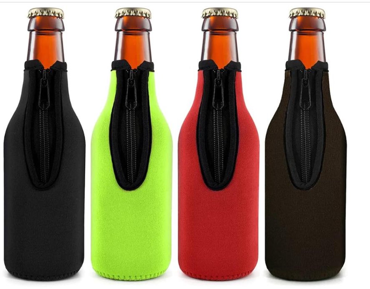 Flessenkoeler - 4 stuks - Voor bier en andere koude drankjes - Universele Maat - 20x6 cm - Koeler met rits - Geschikt voor school, kantoor, thuis, op reis - Zwart, groen, rood en bruin