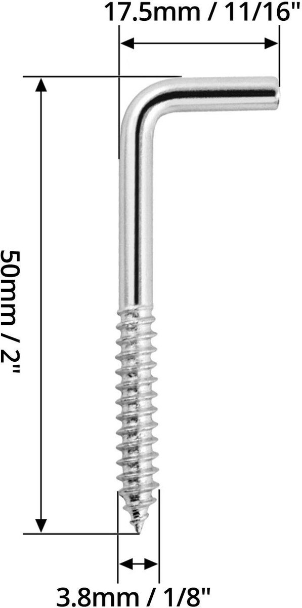 Dailygoods- Schroefhaken L-vormig - 40 Stuks - Koolstofstaal - Haakschroef - Duurzaam - Eenvoudige Installatie - 50 mm × 17 mm