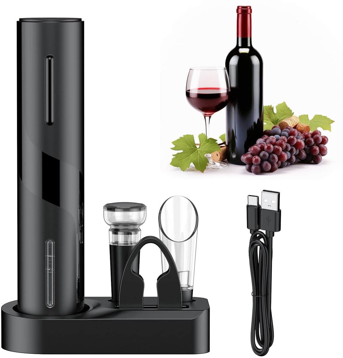 Dailygoods - Pawfly 5-in-1 accu-wijnflesopener, set, automatische wijnopener met wijnkaraf schenktuit vacuümsluiting foliesnijder basis USB-C oplaadbare elektrische kurkentrekker wijnkurkentrekker