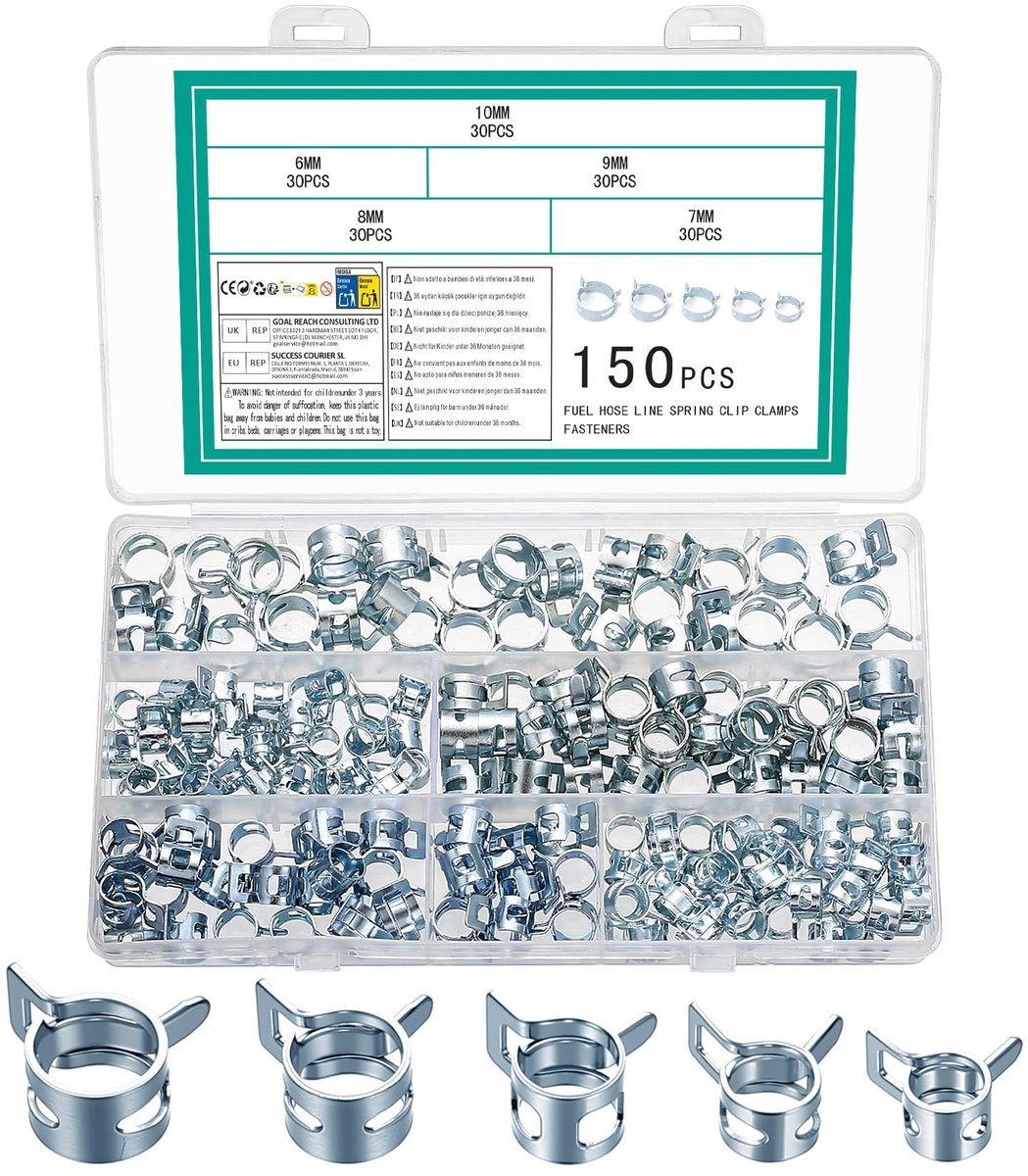 Dailygoods - 150 stuks veerslangklemmen, brandstofleiding slangklemmen klemmen, metalen slangen veerklem, brandstofpijpclips voor waterpijp, luchtafvoerbuis, vacuümbevestigingsclip (zilver, 6 mm, 7 mm, 8 mm, 9 mm