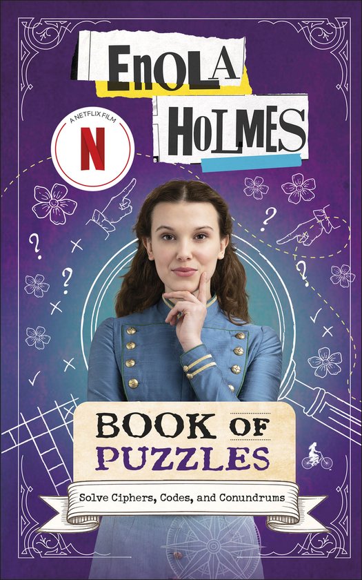 Boekomslag van "Enola Holmes Book of Puzzles" met Millie Bobby Brown in een blauw Victoriaans kostuum, omringd door puzzel-elementen.