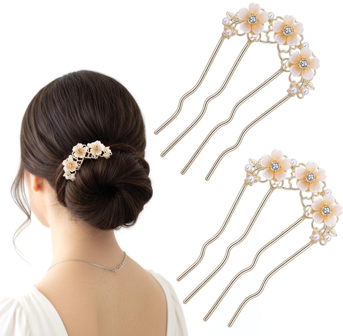 Haarspeld metaal, 2 stuks vintage parel bloem broodje clip voor vrouwen, decoratieve 4-polige Franse twist haarspeld voor bruid, meisje/dame, gouden haaraccessoires