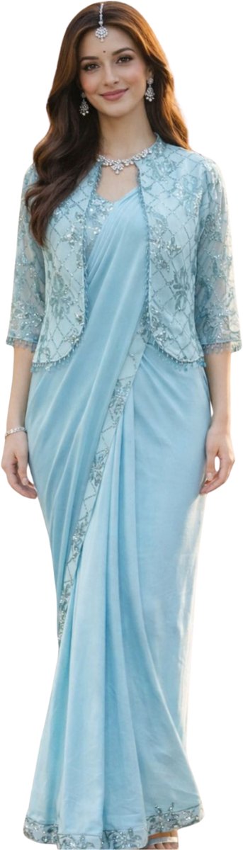 Simhera Threads Women's Ice Blue Embellished One Minute Saree-Mens and Womens Fashion-with Sequined Net Jacket and Blouse