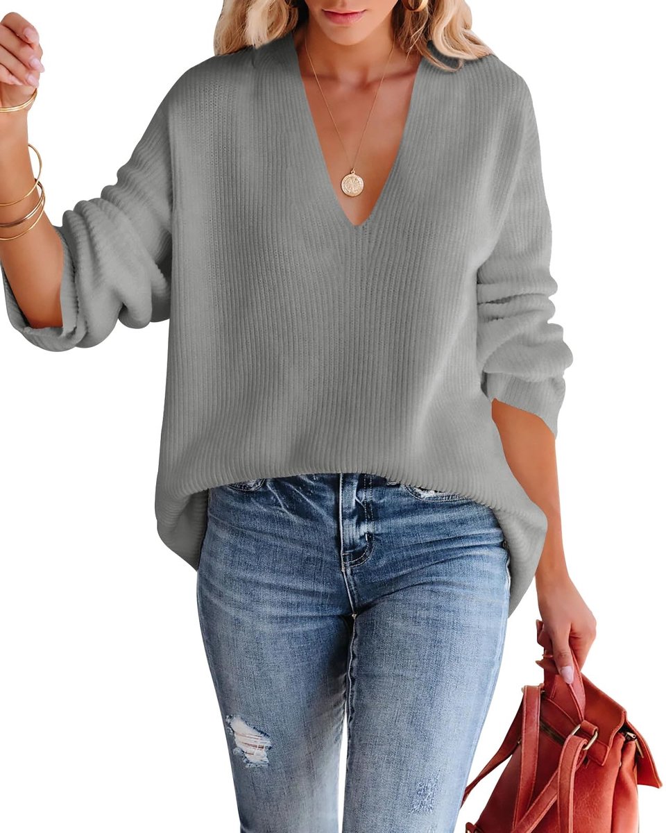 Dailygoods- Damestrui Oversized - V-hals - Lange Mouwen - Wafelgebreid - Losse Pasvorm - Zacht Polyester - Trui
