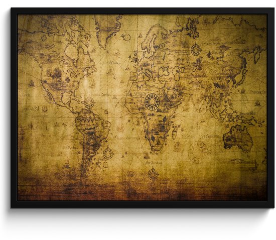 Poster in lijst - Fotolijst 80x60 cm - Posters - Wereldkaart - Bruin - Vintage - Posterlijst zwart - Decoratie - Wanddecoratie woonkamer - Muurdecoratie slaapkamer