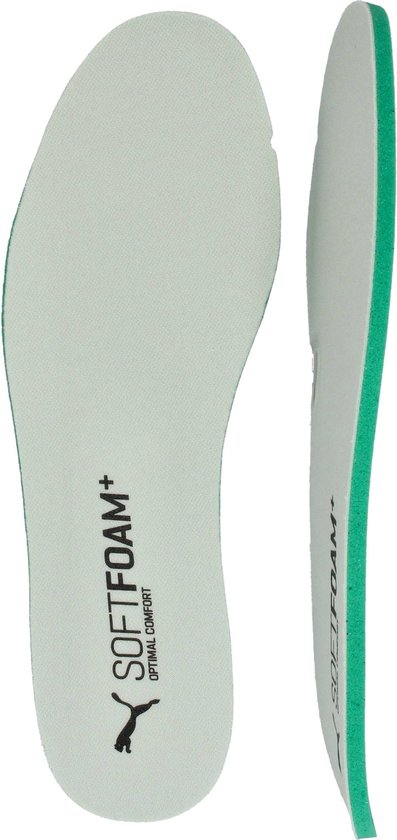 Lichtgroene Puma SoftFoam+ inlegzolen, met logo en tekst.