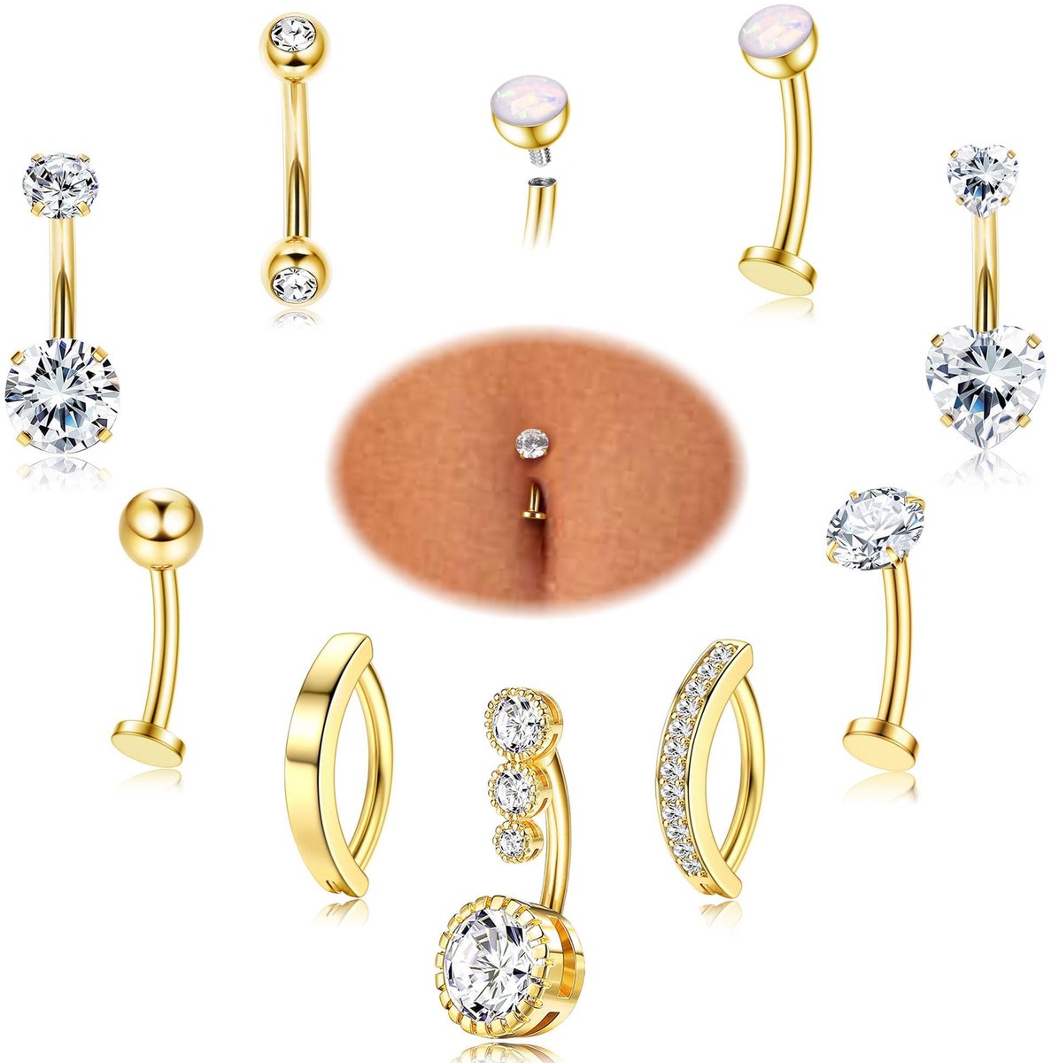 Navelpiercing chirurgisch staal goud - 9 stuks 14G navelpiercing zwangerschapsring zilver hypoallergeen floating clicker navel Belly piercings set 10 mm 12 mm