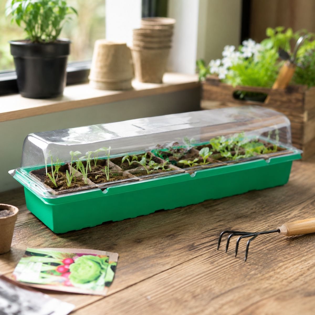 Kinzo kweekbak - kweekset met mini kas en transparante kap - propagator met 2x 8 zaaipotjes - kweekkas met diepe bak voor goede irrigatie - zaaibak ca. 54 x 17 x 13 cm
