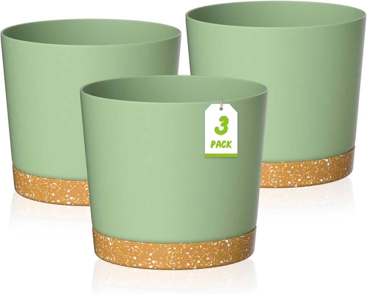 30cm Plant Potten, Moderne Plantenbakken met Afvoergaten en Afneembare Schotel, Plastic Bloempotten voor Planten voor Huis Tuin Vensterbank (Groen, Set van 3)