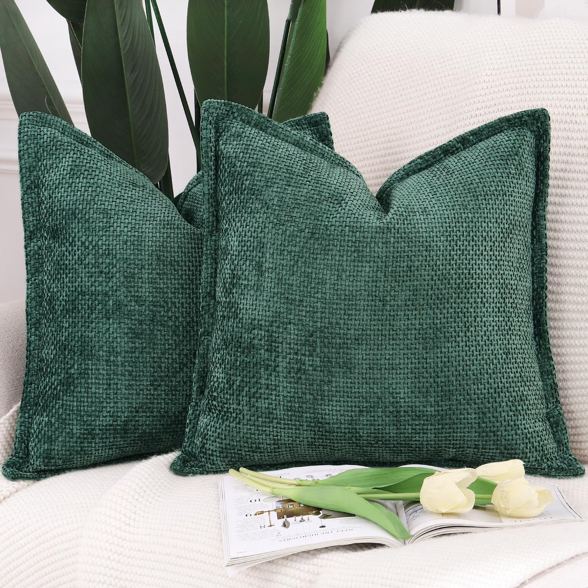 Set van 2 Zacht korte Chenille Fluwelen Franje kussenslopen decoratief kussenhoes voor sofa slaapkamer kussensloop 40x40 cm Donker Groen