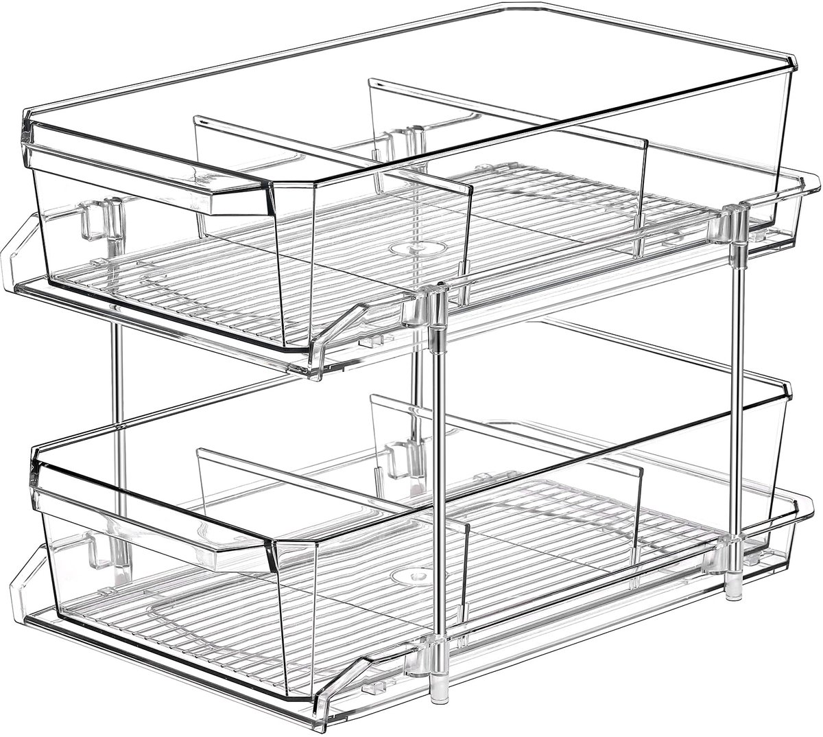 2 Tier Clear Organizer met verdelers voor kast/toonbank, multifunctionele uitschuifbare opslagcontainer - keuken, bijkeuken, medicijnkast opbergbakken - badkamer, ijdelheid make-up, onder de gootsteen