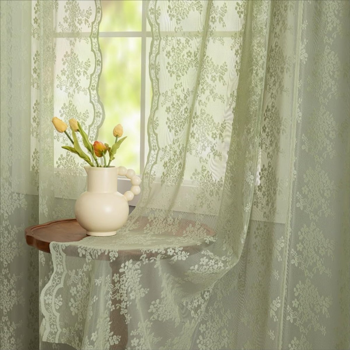 kant groene gordijnen 160 cm lengte voor slaapkamer 2 panelen elegante bloemrijke licht filtering semi pure geborduurde gordijnen voor woonkamer eetkamer Pasen Decor 1 paar set 132 x 160 cm
