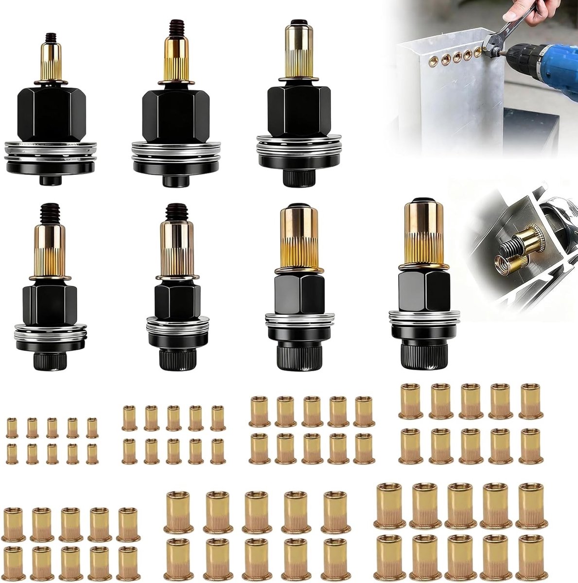 Klinkmoertang Set - Nietmoertang Gereedschap - Metaal Verbindingen Maken - 7 Maten Klinkmoeren - M3-M12 - Zwart Goud