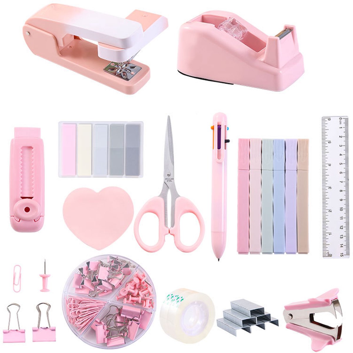 Bureau Accessoires Set - Set van 14 - Met Nietmachine, Plakbandhouder en Schaar - Kantoor en School - Roze