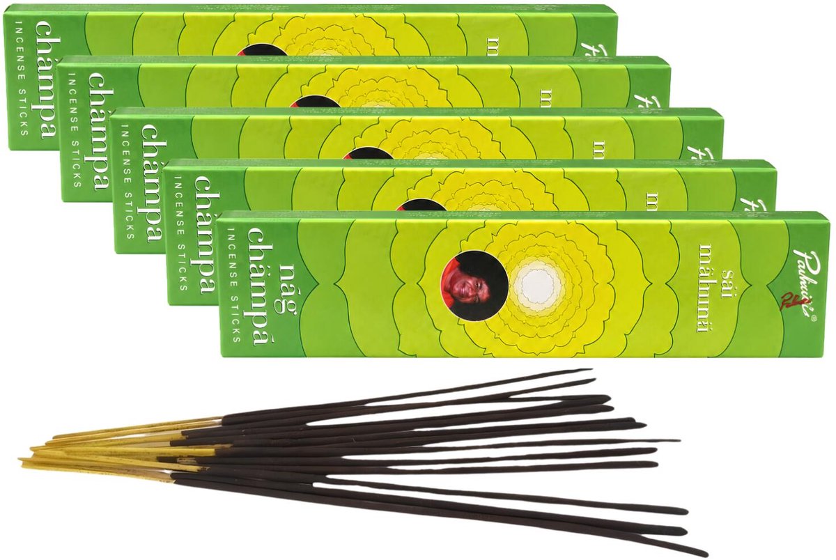 Satya Nag Champa wierook stokjes - 5x pakje van 12 stuks - Sai Mahima Meditatie - 15 gram - geurstokjes - Zoete geur - Rustgevend