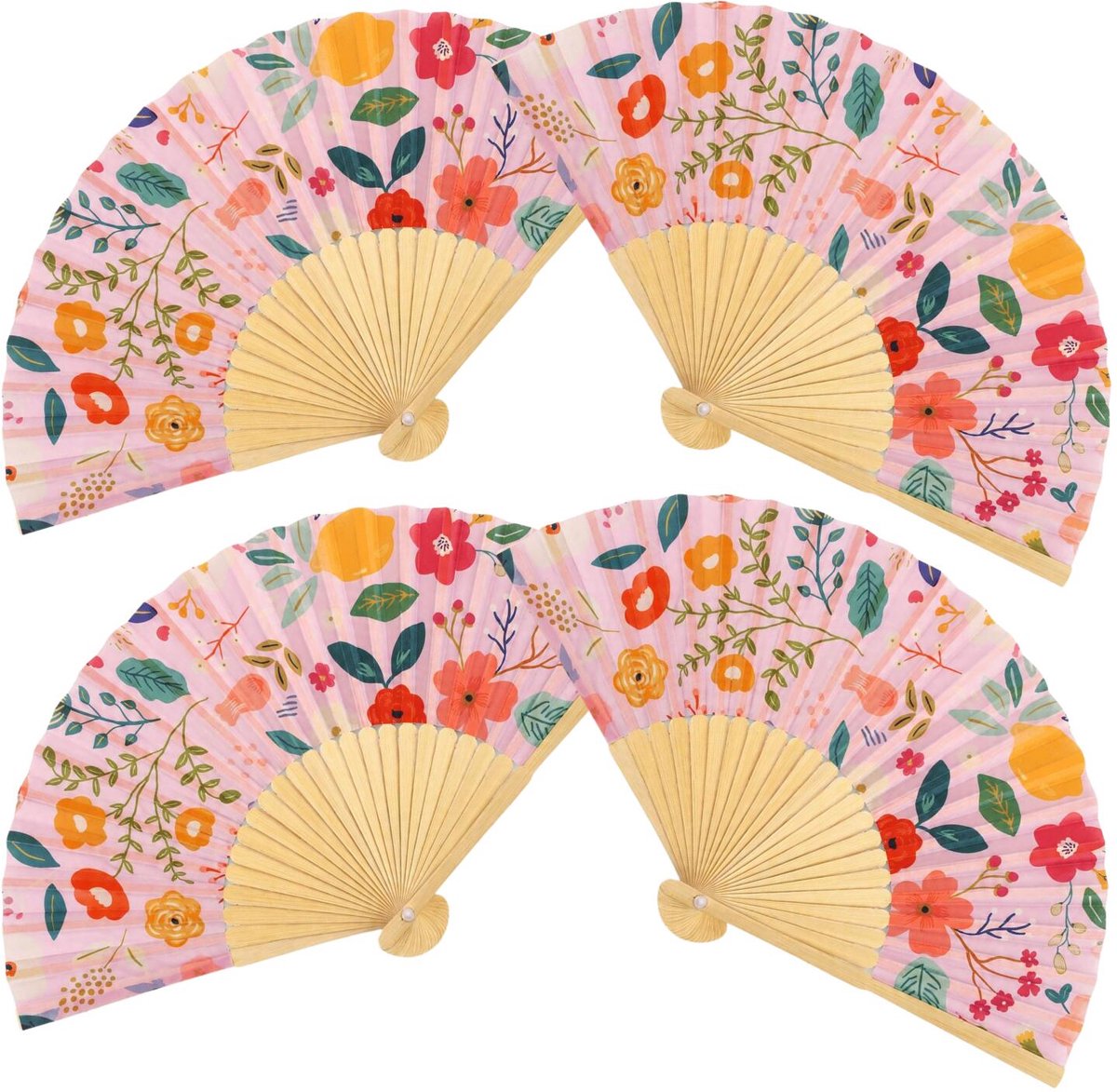 Spaanse hand waaier - 4x - bloemen - roze - 21 cm - bamboe/papier