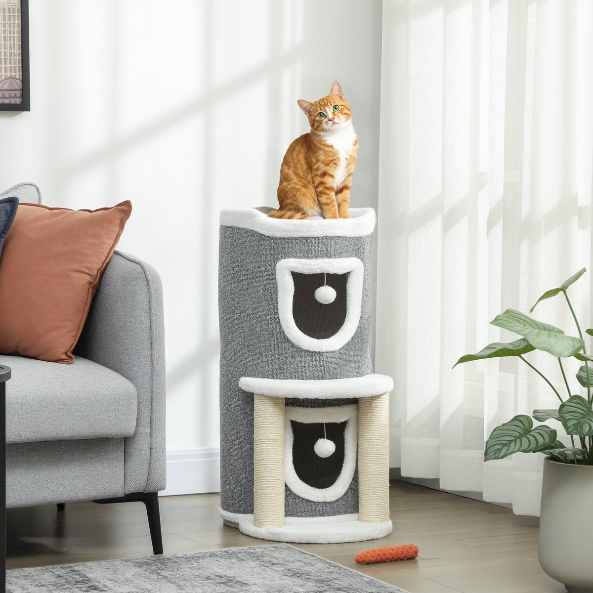 Krabpaal voor katten, hoogte 76 cm, met huisjes, bedje, ballen en sisal palen, grijs – foto 4