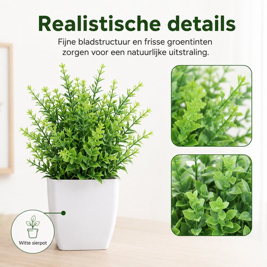 Kunstplant met fijne bladstructuur en frisse groentinten in een witte sierpot.