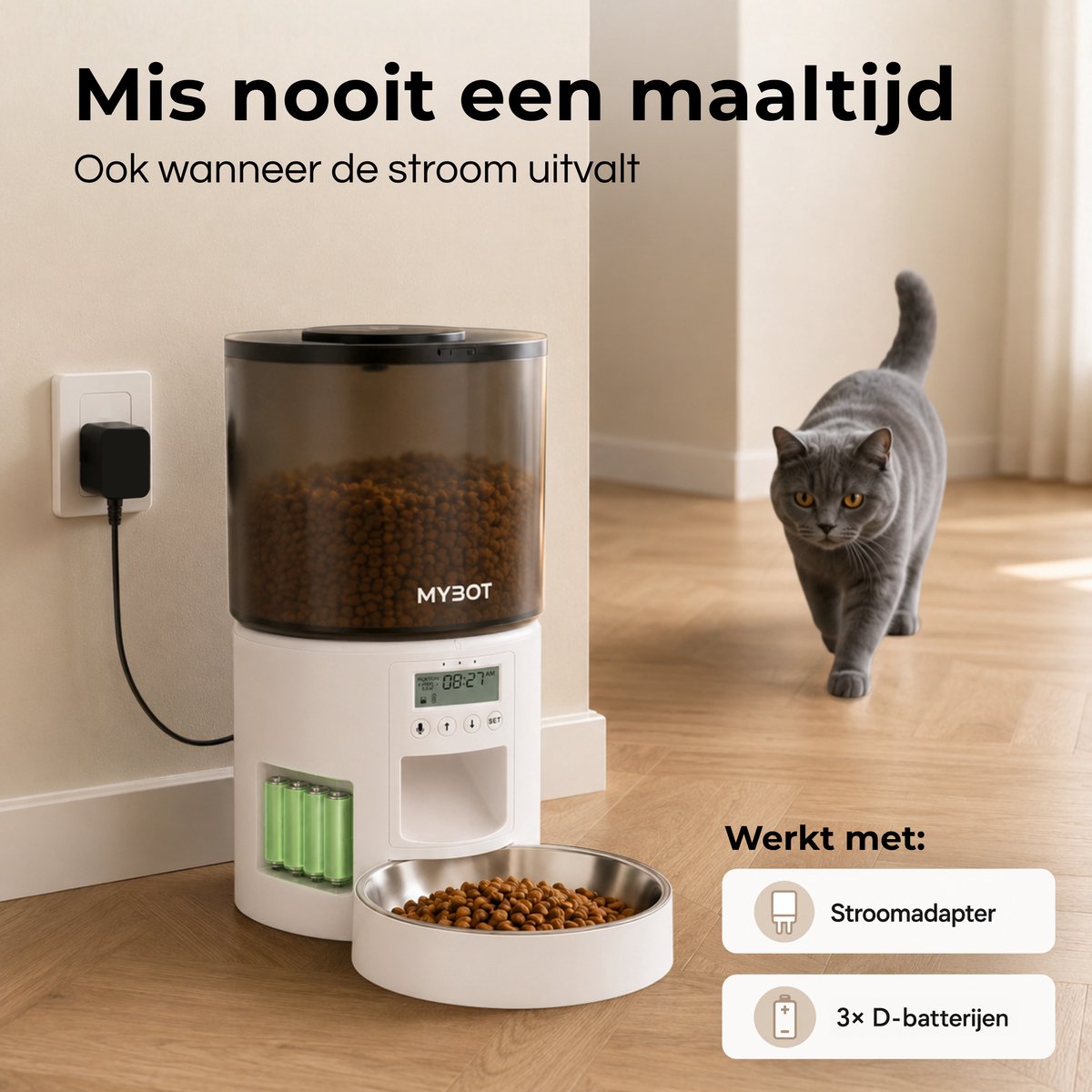 MYBOT Automatische Voerbak - Kat en Hond - Voerautomaat 4L - Met RVS Voerbak en Spraakopname - Voor Droogvoer - Wit - P2 thumbnail 6