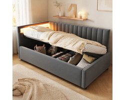 OKWISH Gestoffeerd Bed 90x200 cm – Eenpersoonsbed Met LED-Hoofdeinde en Hydraulische Opbergruimte – Wendbare Kopdelen – Fluweel – Grijs – Zonder Matras
