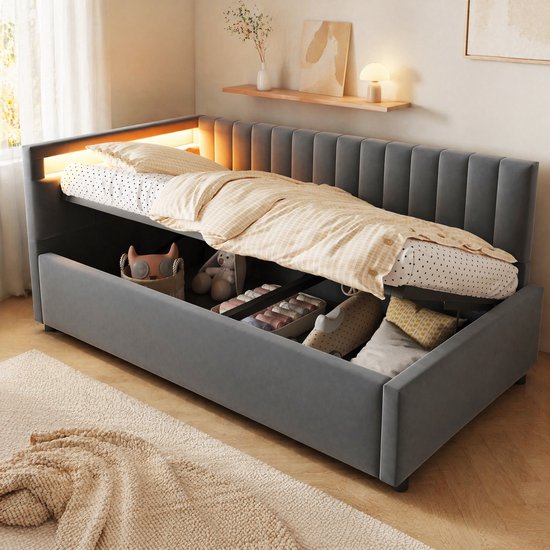 OKWISH Gestoffeerd Bed 90x200 cm – Eenpersoonsbed Met LED-Hoofdeinde en Hydraulische Opbergruimte – Wendbare Kopdelen – Fluweel – Grijs – Zonder Matras
