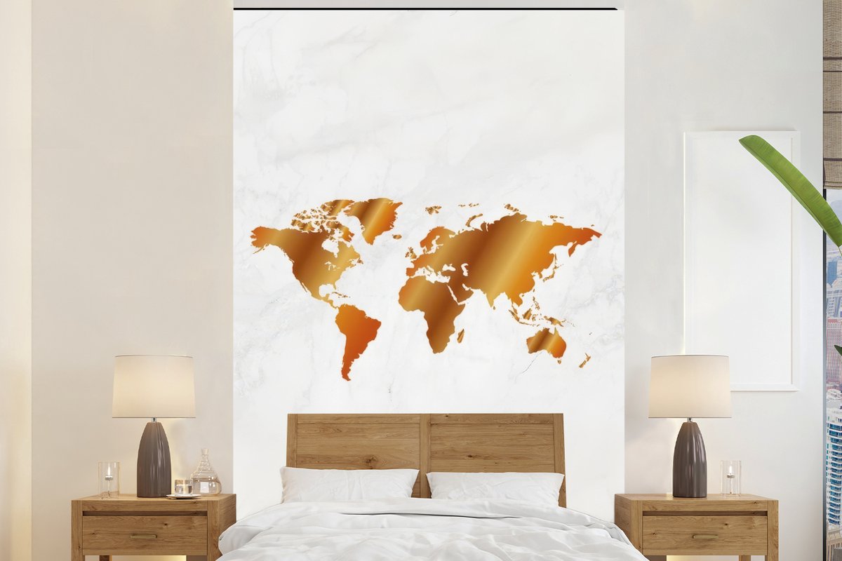 Behang - Fotobehang Wereldkaart - Marmer - Goud - Breedte 195 cm x hoogte 300 cm