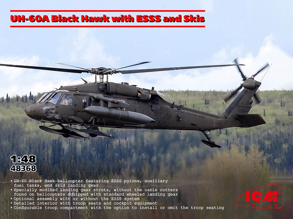 ICM Modelbouwpakket Helikopters - 48368 UH-60A Black Hawk met ESSS en Skis - Amerikaanse Transporthelikopter Plastic - 1:48 - Modelbouw
