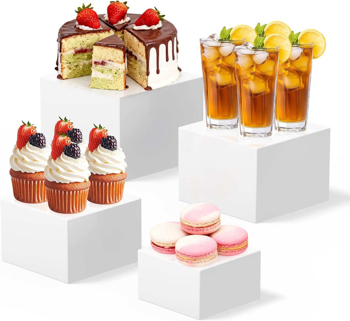 Taartstandaard, dessertstandaard van acryl kubussen, sokkel wit met holle sokkels, presentatiestandaard voor drankjes/cake bij bruiloften/partys/buffetten