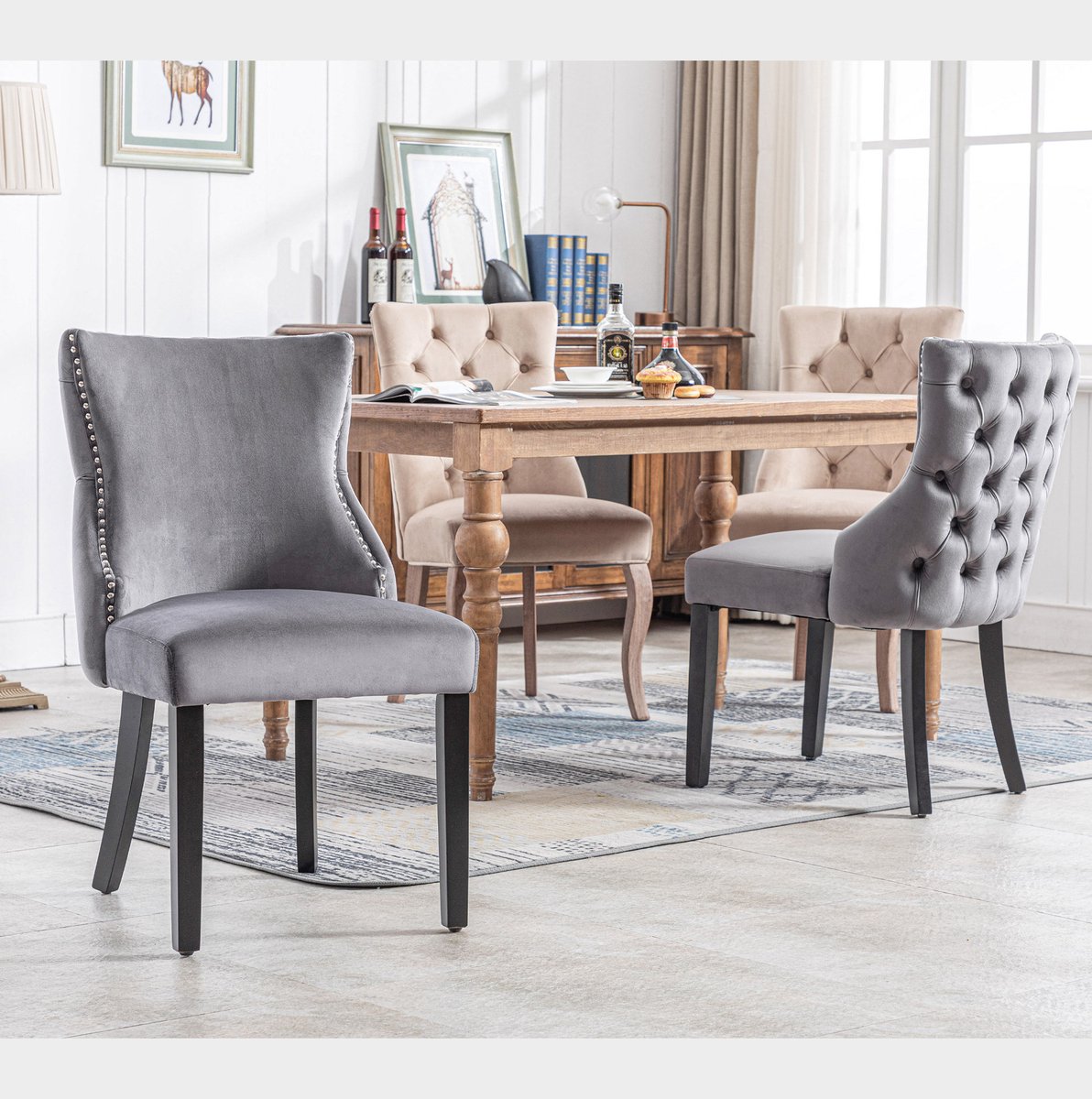 DESMIU Eetkamerstoel - Set Van 4 - Grijs Velvet Met Knopstiksel En Massiefhouten Poten - Voor Eetkamer En Woonkamer - Grijs