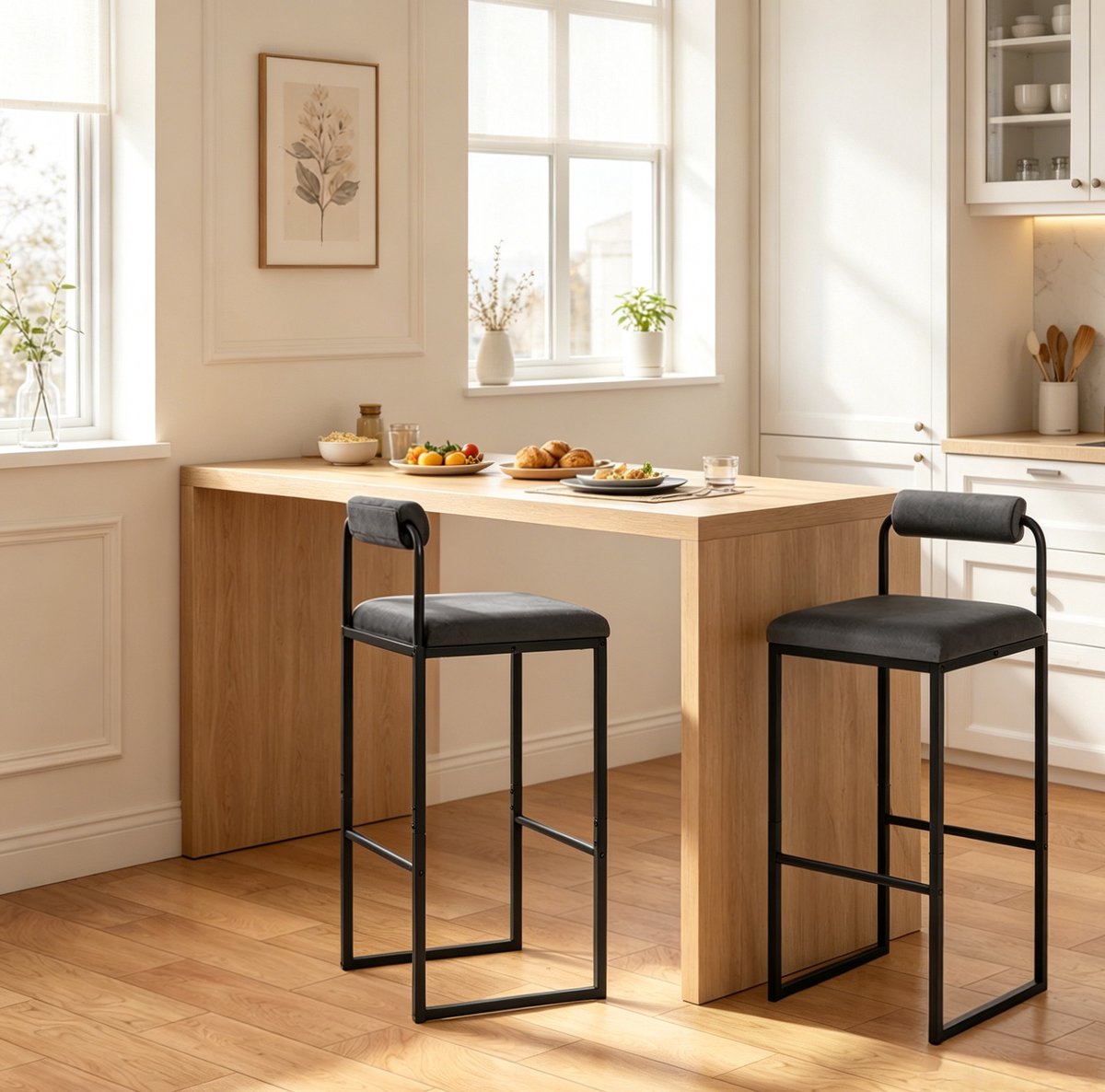 MIVRAY Barkruk Set Van 2 Met Rugleuning - Donkergrijs Velvet - 75 Cm Zithoogte - Voor Keuken, Bar En Eetkamer - Metalen Frame Zwart