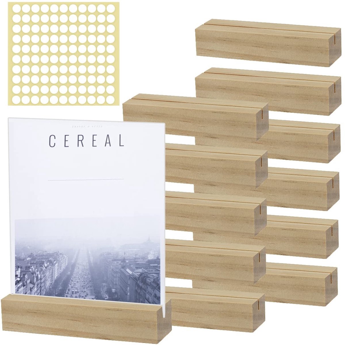 Dailygoods - TIMESETL 12-delige kaarthouder hout, tafelkaarthouder, 10x2,5x2cm plaatskaarthouder hout, tafelnummer houder, menukaarthouder met sticker, natuurlijk massief houten fotohouder, kaartstandaard voor