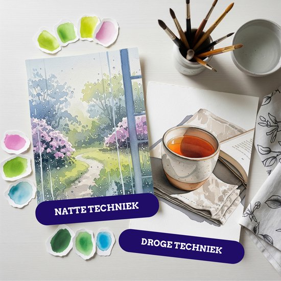 Twee aquarel schilderijen: een regenachtige tuin met bloeiende struiken en een kopje thee op een stapel boeken.