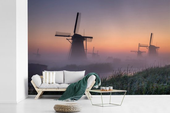 Brouillard aux moulins à vent hollandais de Kinderdijk lors d'un lever de soleil papier peint photo vinyle 360x240 cm - Tirage photo sur papier peint