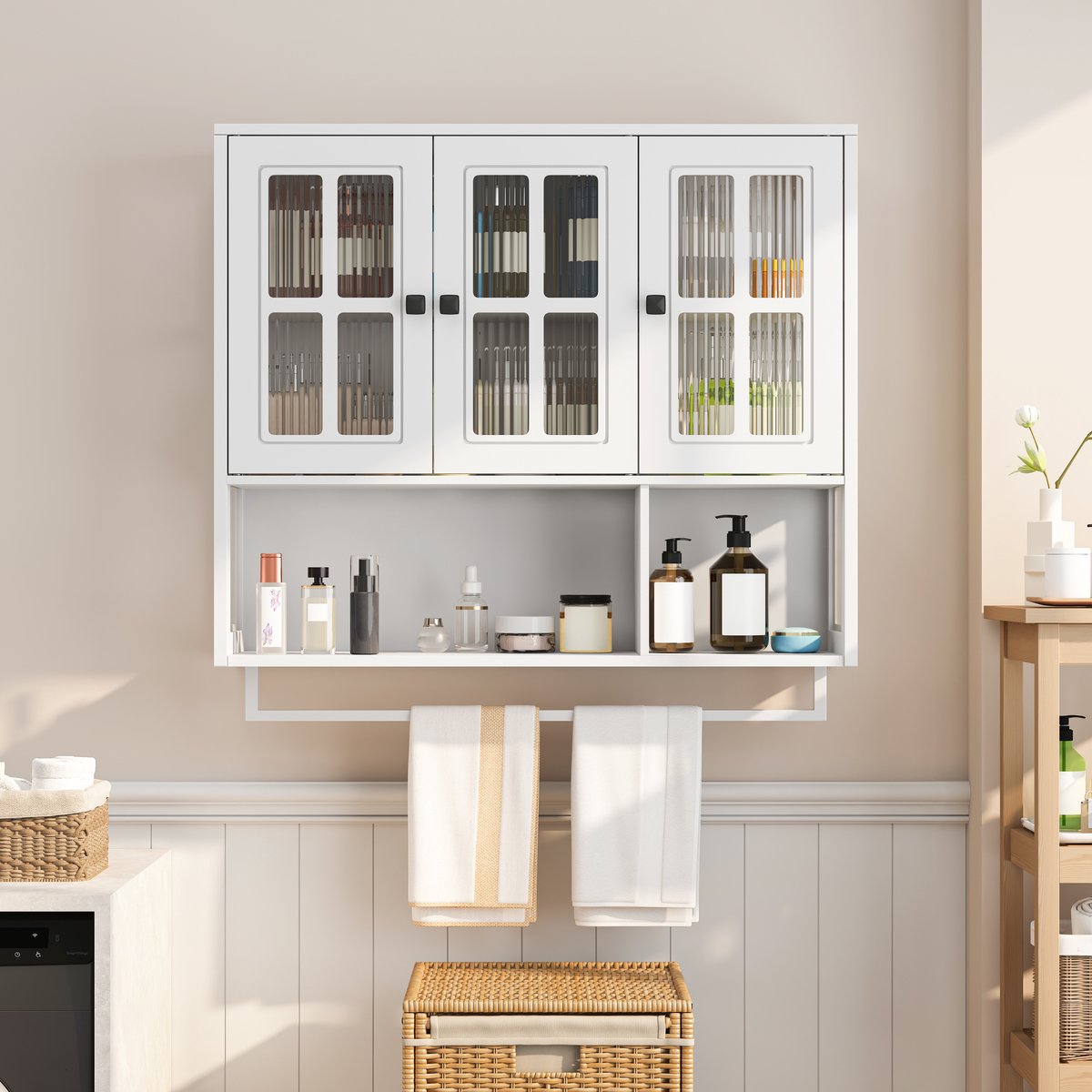 Badkamer wandkast - Wit - 3 deuren, glazen deur en handdoekrek - open en dichte opbergvakken, 10 kg per plank - Medicijnkastje - verwijderbare planken, modern design, voor badkamer en hal