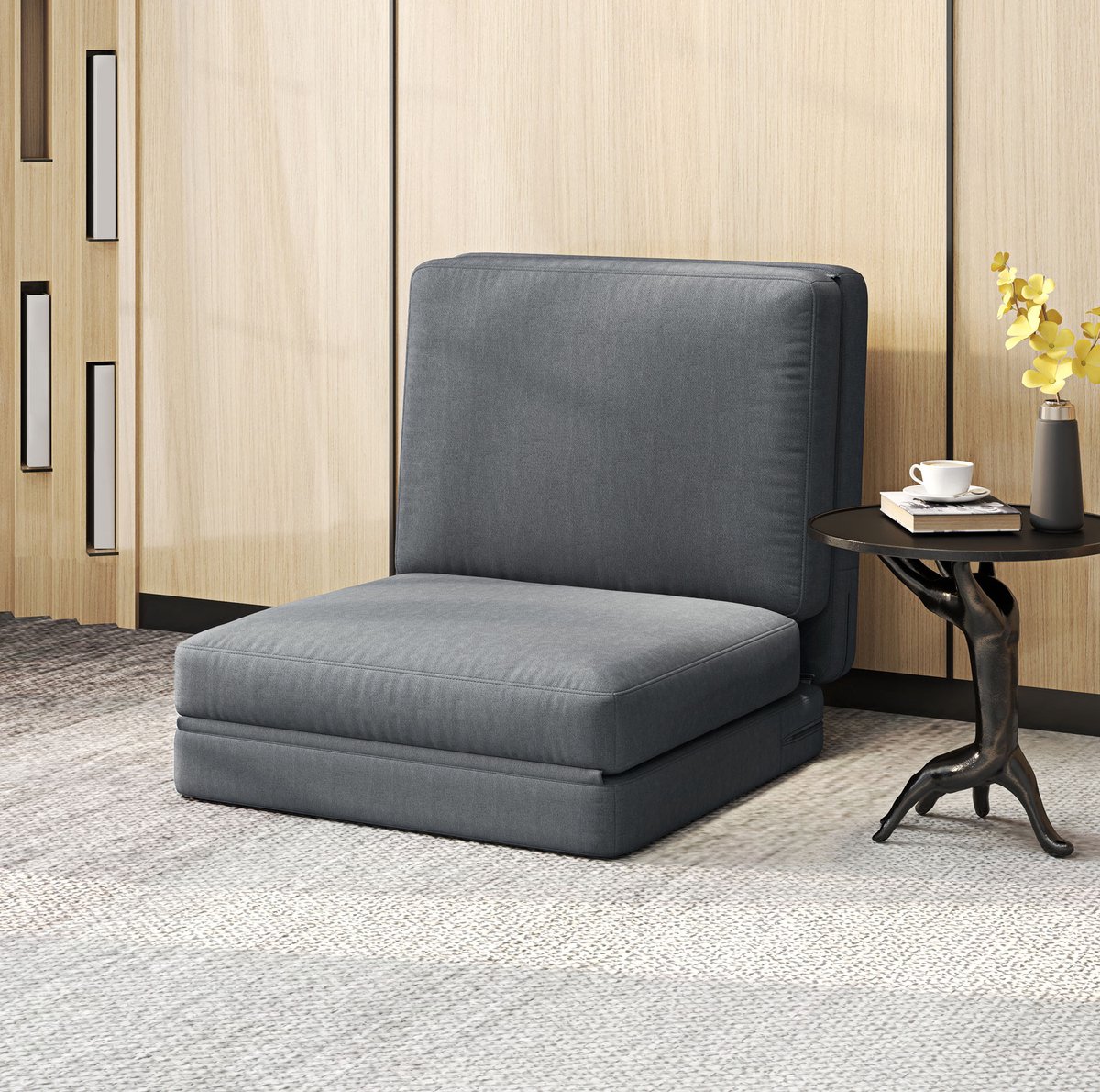 MEUNIQ 3-in-1 slaapbank opvouwbaar, vloerbank en ligstoel in één, polyester met velourslook, deelbaar met rits, geen montage, 75 x 80 x 72 cm, donkergrijs