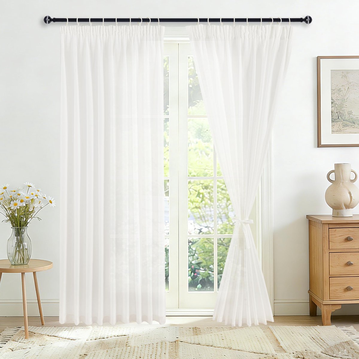 Vitrage, wit, semi-transparant, met plooiband, voor railsysteem, 260 x 140 cm (h x b), voor woonkamer, set van 2