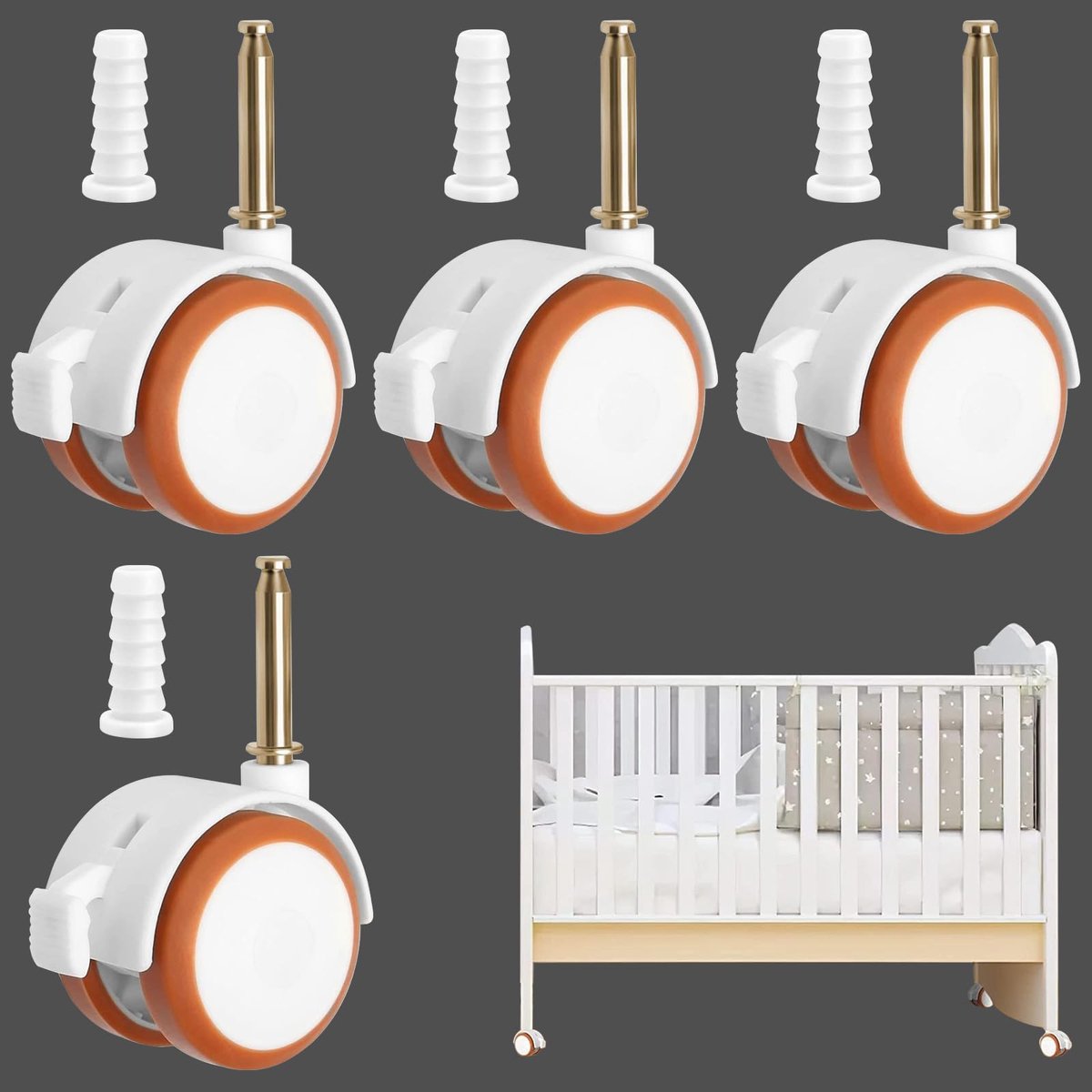 Zwenkwielen voor kindermeubels, 4 stuks, rollenset, rubber, wielen met rem, kinderbed, wit