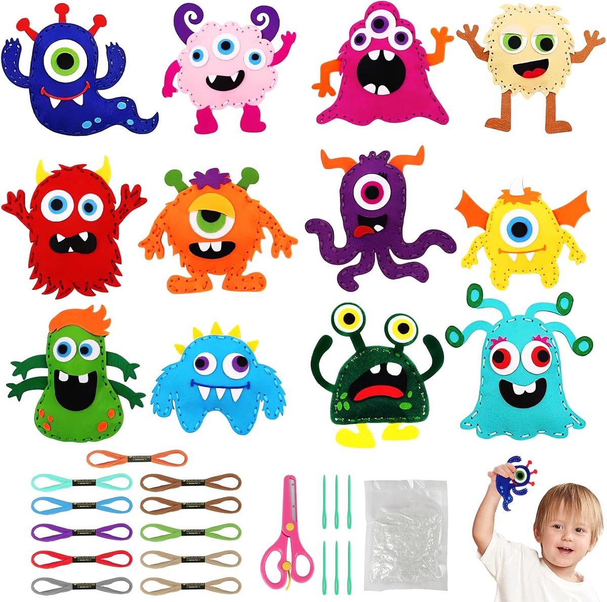 Naaiset voor kinderen, 12-delige monster naai-knutselsets, leuke knuffeldieren doe-het-zelf kits voor kinderen leren naaien kunst en ambachten kit, inleiding tot naaiset voor kinderen van 5-12