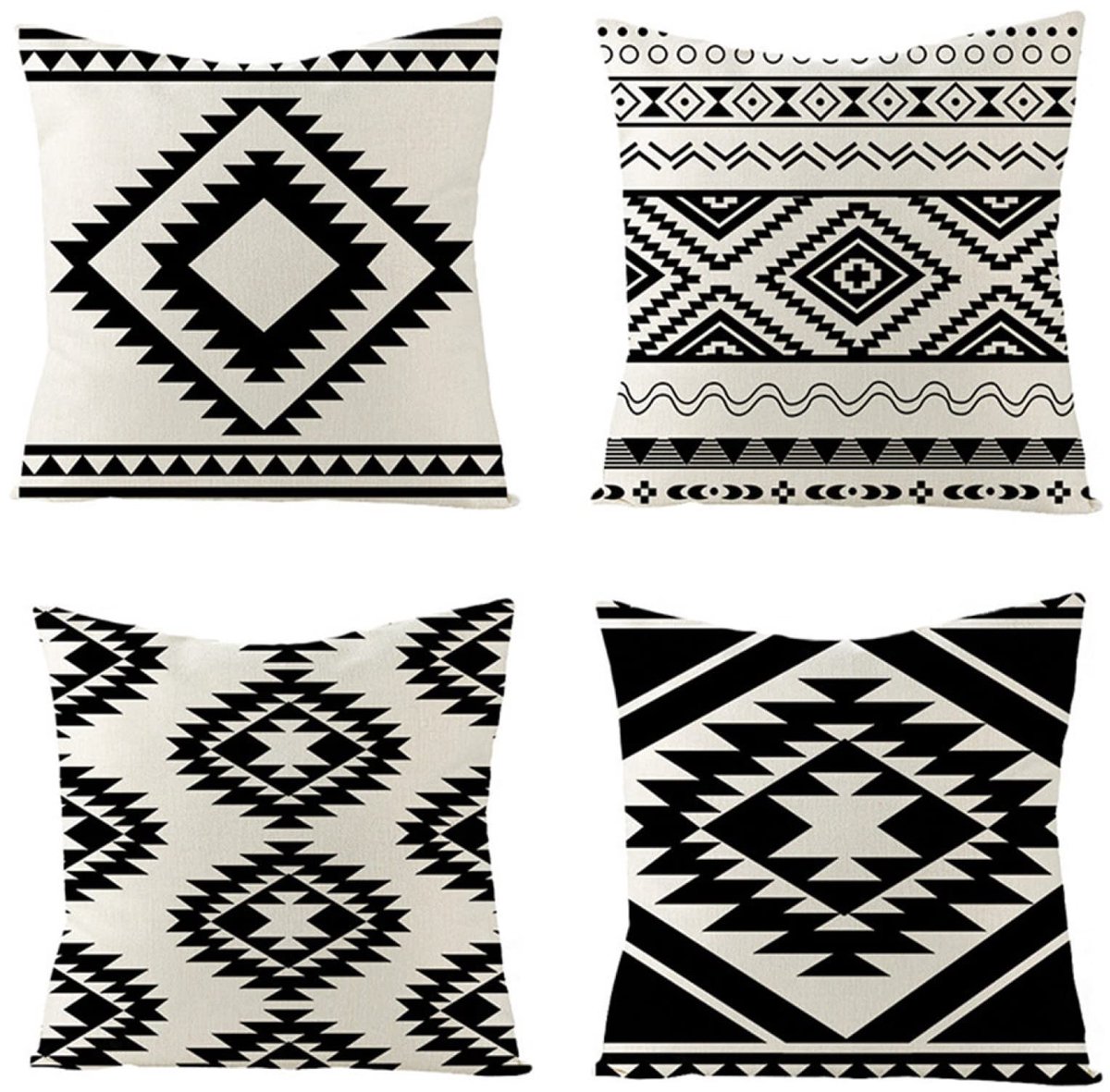 Set van 4 kussenslopen 60 x 60 cm (23,6 x 23,6 inch) linnen kussensloop vierkante bank kussensloop, slaapkamer indoor outdoor kussenhoes voor woondecoratie gunst met onzichtbare rits (zwart patroon)