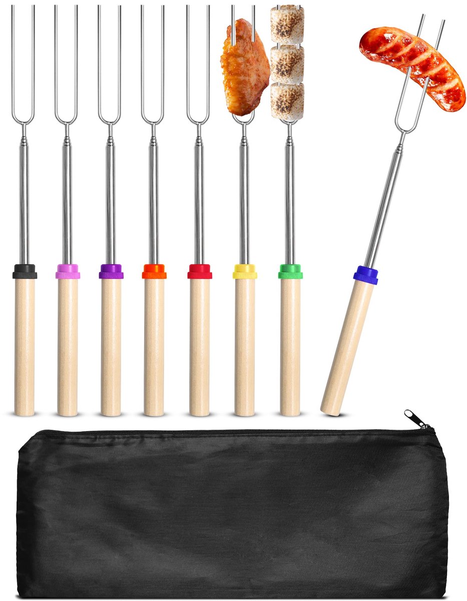 Telescopische spiesen, roosterstokken van roestvrij staal, uitbreidbaar, 31-81 cm, Marshmallow-toastvorken met tas, grillvorken voor camping, kampvuur, picknick
