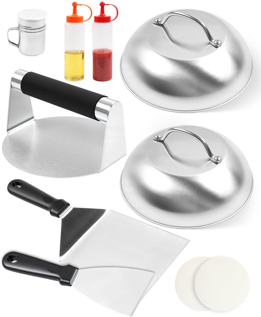 10 stuks Smash Burger Set, RVS Grill Kookset met 2Basting Covers 2Grill Spatels, 2Squeeze Flessen, Burger Press, Spice Shaker & 100 Discs, Smasher Grill Set voor Flat Top Grillset