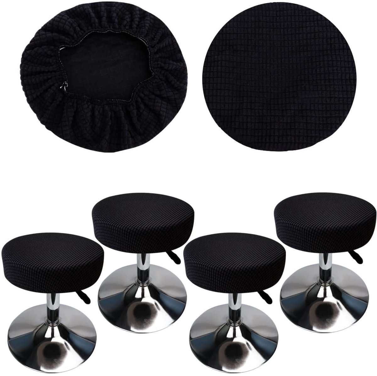 Ronde Diameter 30-40 cm Ronde Barkrukhoezen Elastisch Kreukvrij Wasbaar en Stofdicht, Geschikt voor Ronde en Vierkante Stoelen (4, Zwart)