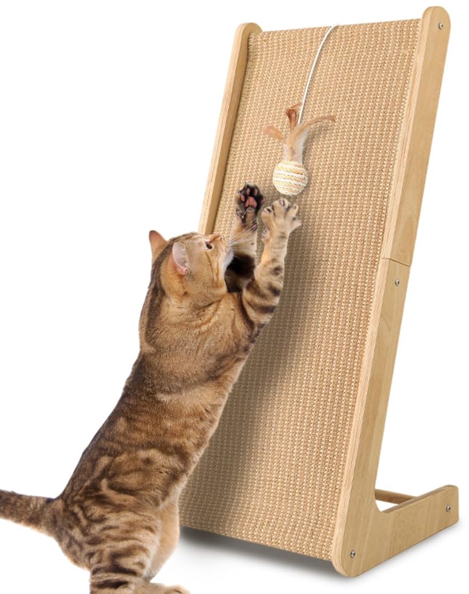 Krabplank voor katten, 68 cm hoge L-vormige krabplank van sisal, massief hout en natuurlijke sisal, krabpaal voor alle katten om te spelen, ontspannen (met kattenmunt, muisspeelgoed)