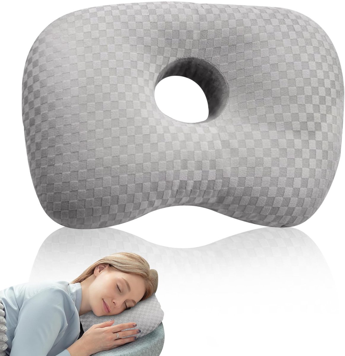 Kussen: ergonomisch kussen van traagschuim met ringvorm, anti-oorpijn, optimaal comfort voor piercings en zijslapers (43,94 × 32 × 5,08 cm, grijs)
