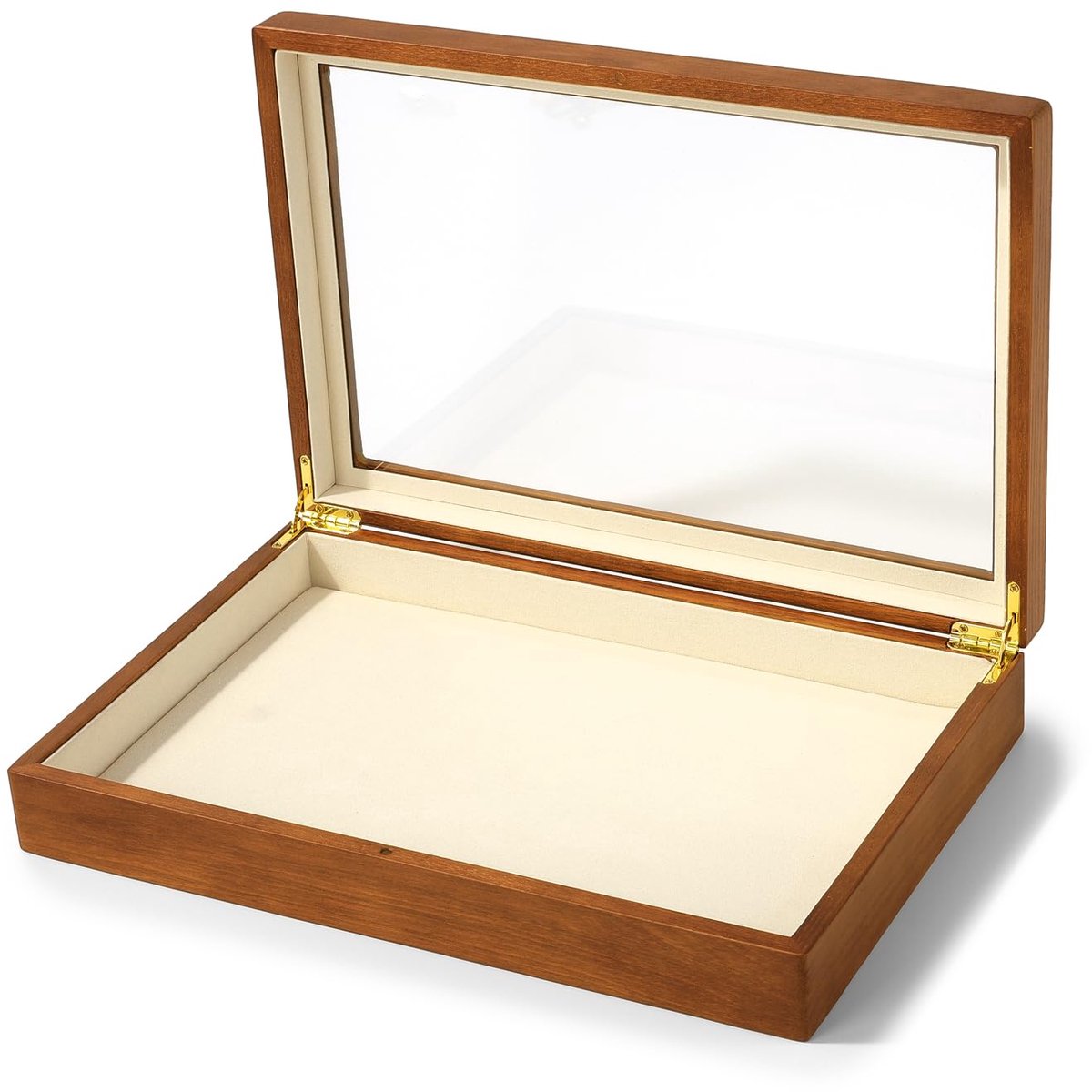 Massief houten sieradenkistje met glazen deksel, grote vintage sieradenorganizer, display tray, drinket organizer
