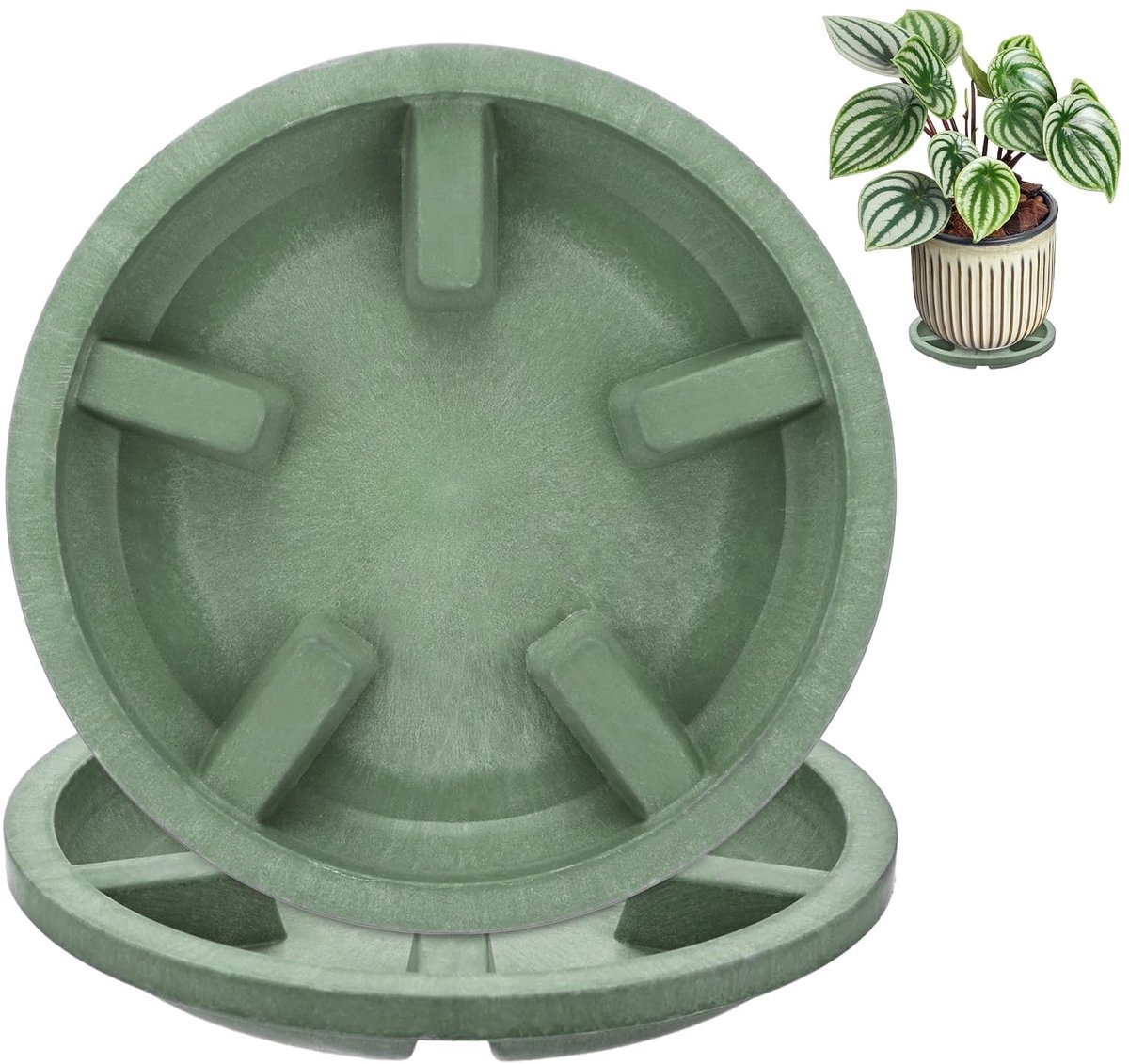 METERXITY Set van 2 plantenschotels, 5 inch OD anti-rot wortel hars bloempot plantenschotels voor binnen/buiten, bloempot druppelbak [9,7 cm ID, groen]