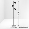 Technische tekening van een witte staande lamp met drie koperkleurige spots.